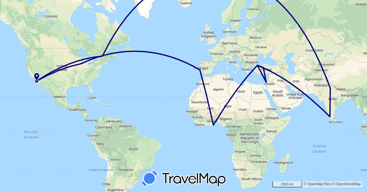 TravelMap itinerary: driving in Canada, Ghana, Israel, India, Portugal, Turkey, United States (Africa, Asia, Europe, North America)